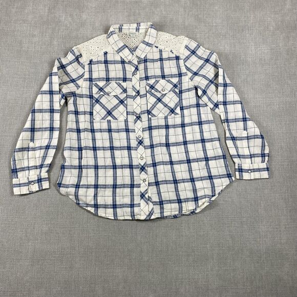 Sundance Shirt Womens Medium Blue Plaid Linen Eyelet Lace Long Sleeve Pearl Snap - Picture 1 of 11